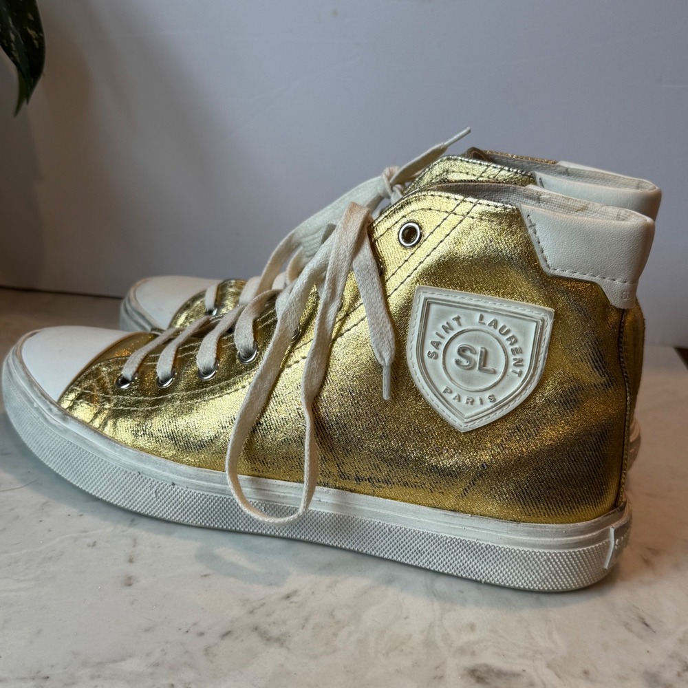 Distressed Calfskin Bedford Logo-Appliqued Hightop Sneakers 6.5 Gold Cream White - Picture 5 of 14